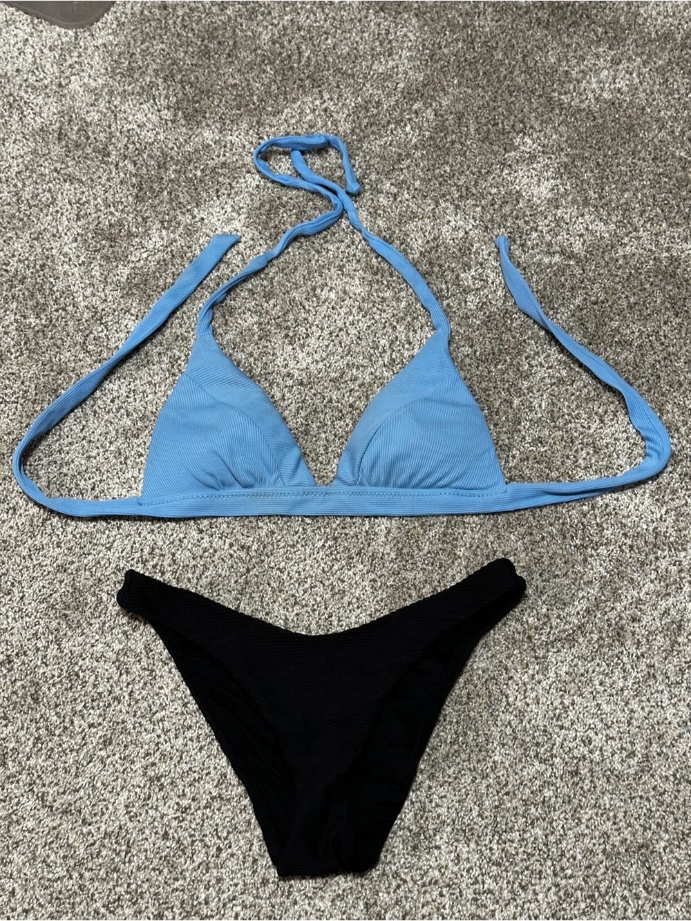 Becca Virtue Blue Ribbed Triangle Bikini Top and Black ribbed Bikini Bottom